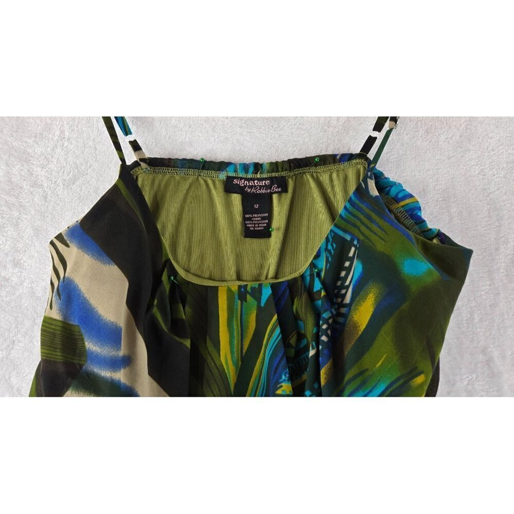 Robbie Bee Maxi Sun Dress Spaghetti Straps Sz 12 Green Blue Tropical Party - Picture 13 of 15